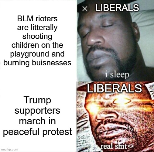 Sleeping Shaq | BLM rioters are litterally shooting children on the playground and burning buisnesses; LIBERALS; LIBERALS; Trump supporters march in peaceful protest | image tagged in memes,democratic socialism,liberal logic,stupid liberals | made w/ Imgflip meme maker