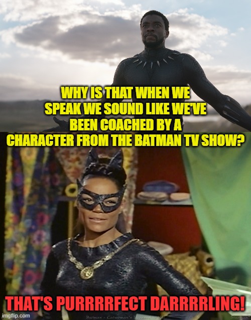 Black Panther's dialects sound really familiar. |  WHY IS THAT WHEN WE SPEAK WE SOUND LIKE WE'VE BEEN COACHED BY A CHARACTER FROM THE BATMAN TV SHOW? THAT'S PURRRRFECT DARRRRLING! | image tagged in black panther spotlight,eartha kitt,batman,catwoman | made w/ Imgflip meme maker