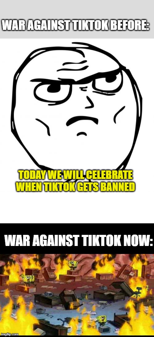 it's ruined and life will never be a same | WAR AGAINST TIKTOK BEFORE:; TODAY WE WILL CELEBRATE WHEN TIKTOK GETS BANNED; WAR AGAINST TIKTOK NOW: | image tagged in memes,determined guy rage face,blank white template,blank black,disaster | made w/ Imgflip meme maker