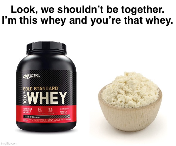 Anyway... | Look, we shouldn’t be together.
I’m this whey and you’re that whey. | image tagged in funny memes,bad puns,eyeroll,whey | made w/ Imgflip meme maker