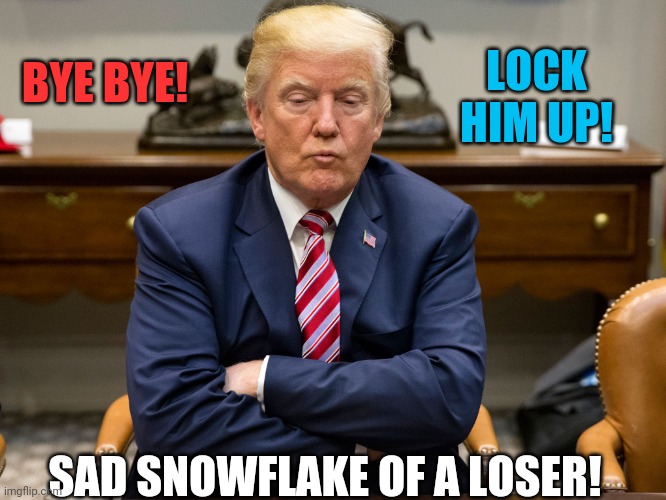 Good riddance! | LOCK HIM UP! BYE BYE! SAD SNOWFLAKE OF A LOSER! | image tagged in pouty trump,election 2020,donald trump,republicans,proud boys | made w/ Imgflip meme maker