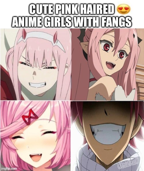 Pink haired anime girls with fangs | image tagged in anime,manga,fairy tail meme,doki doki literature club,darling in the franxx,owari no seraph | made w/ Imgflip meme maker