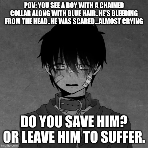 ...? | POV: YOU SEE A BOY WITH A CHAINED COLLAR ALONG WITH BLUE HAIR..HE'S BLEEDING FROM THE HEAD..HE WAS SCARED...ALMOST CRYING; DO YOU SAVE HIM? OR LEAVE HIM TO SUFFER. | image tagged in s u f f e r i n g  n e g a t i v e | made w/ Imgflip meme maker