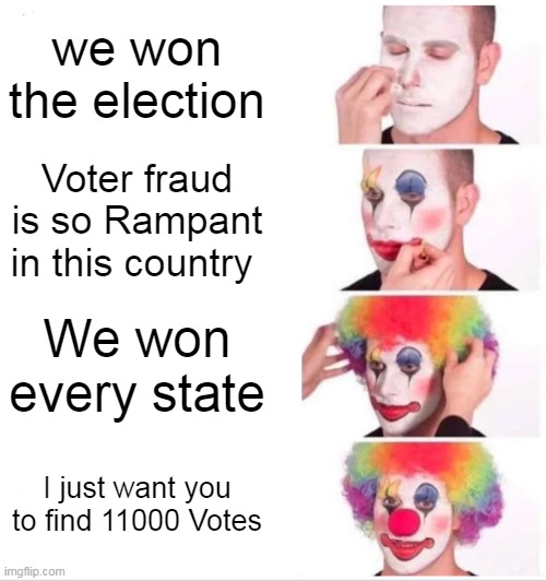 Clown Applying Makeup Meme | we won the election Voter fraud is so Rampant in this country We won every state I just want you to find 11000 Votes | image tagged in memes,clown applying makeup | made w/ Imgflip meme maker