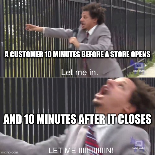 let me in | A CUSTOMER 10 MINUTES BEFORE A STORE OPENS; AND 10 MINUTES AFTER IT CLOSES | image tagged in let me in | made w/ Imgflip meme maker