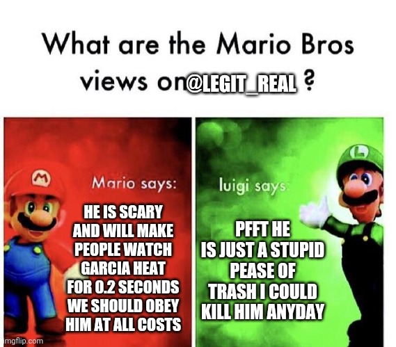 lol | @LEGIT_REAL; HE IS SCARY AND WILL MAKE PEOPLE WATCH GARCIA HEAT FOR 0.2 SECONDS WE SHOULD OBEY HIM AT ALL COSTS; PFFT HE IS JUST A STUPID PEASE OF TRASH I COULD KILL HIM ANYDAY | image tagged in mario bros views | made w/ Imgflip meme maker