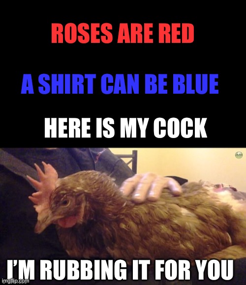 It’s throbbing for you | ROSES ARE RED; A SHIRT CAN BE BLUE; HERE IS MY COCK; I’M RUBBING IT FOR YOU | image tagged in chicken,cock,funny,rhymes,fun | made w/ Imgflip meme maker