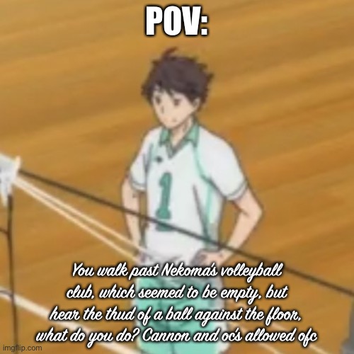 Rp coz yuh | POV:; You walk past Nekoma’s volleyball club, which seemed to be empty, but hear the thud of a ball against the floor, what do you do? Cannon and oc’s allowed ofc | image tagged in oikawa go brrrrrrrrrr | made w/ Imgflip meme maker