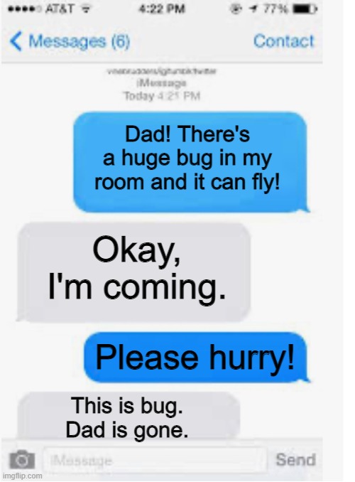 Blank text conversation | Dad! There's a huge bug in my room and it can fly! Okay, I'm coming. Please hurry! This is bug. Dad is gone. | image tagged in blank text conversation | made w/ Imgflip meme maker