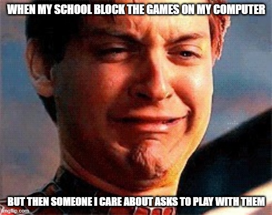 this is true | WHEN MY SCHOOL BLOCK THE GAMES ON MY COMPUTER; BUT THEN SOMEONE I CARE ABOUT ASKS TO PLAY WITH THEM | image tagged in spider-man crying | made w/ Imgflip meme maker