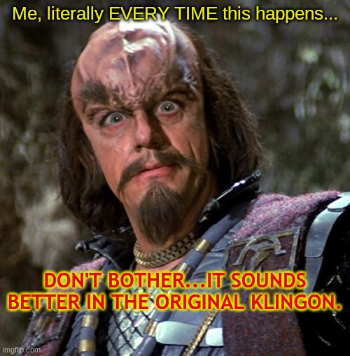 Really, Klingon? | Me, literally EVERY TIME this happens... DON'T BOTHER...IT SOUNDS BETTER IN THE ORIGINAL KLINGON. | image tagged in really klingon | made w/ Imgflip meme maker