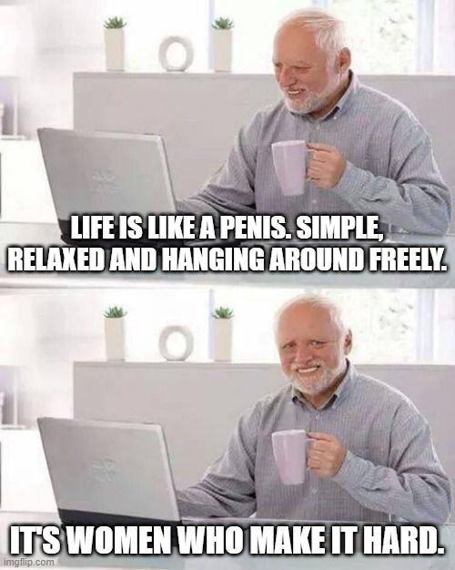 Life is Like... | LIFE IS LIKE A PENIS. SIMPLE, RELAXED AND HANGING AROUND FREELY. IT'S WOMEN WHO MAKE IT HARD. | image tagged in memes,hide the pain harold | made w/ Imgflip meme maker