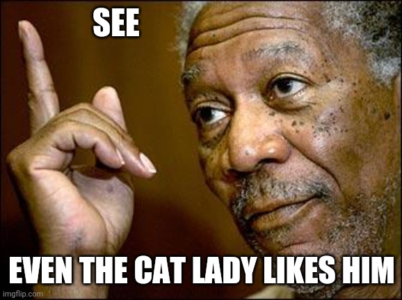 This Morgan Freeman | SEE EVEN THE CAT LADY LIKES HIM | image tagged in this morgan freeman | made w/ Imgflip meme maker