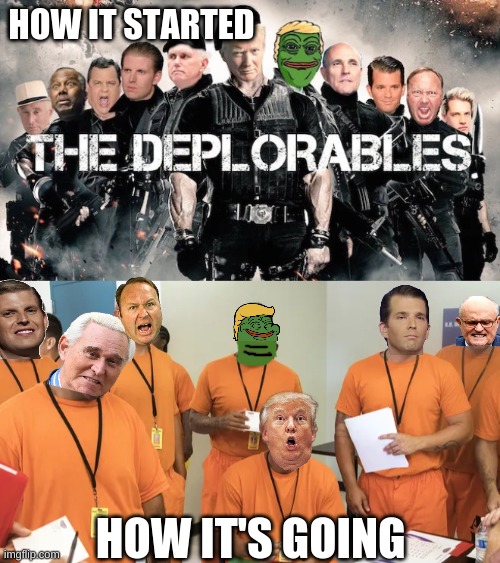 the deplorabless | HOW IT STARTED; HOW IT'S GOING | image tagged in how it started how it's going,jail,the deplorables | made w/ Imgflip meme maker