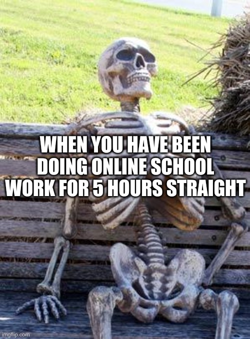 -_- | WHEN YOU HAVE BEEN DOING ONLINE SCHOOL WORK FOR 5 HOURS STRAIGHT | image tagged in memes,waiting skeleton | made w/ Imgflip meme maker