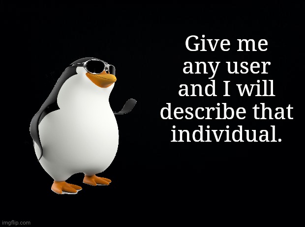 Comment any user | Give me any user and I will describe that individual. | image tagged in black background,imgflip users,imgflip user | made w/ Imgflip meme maker