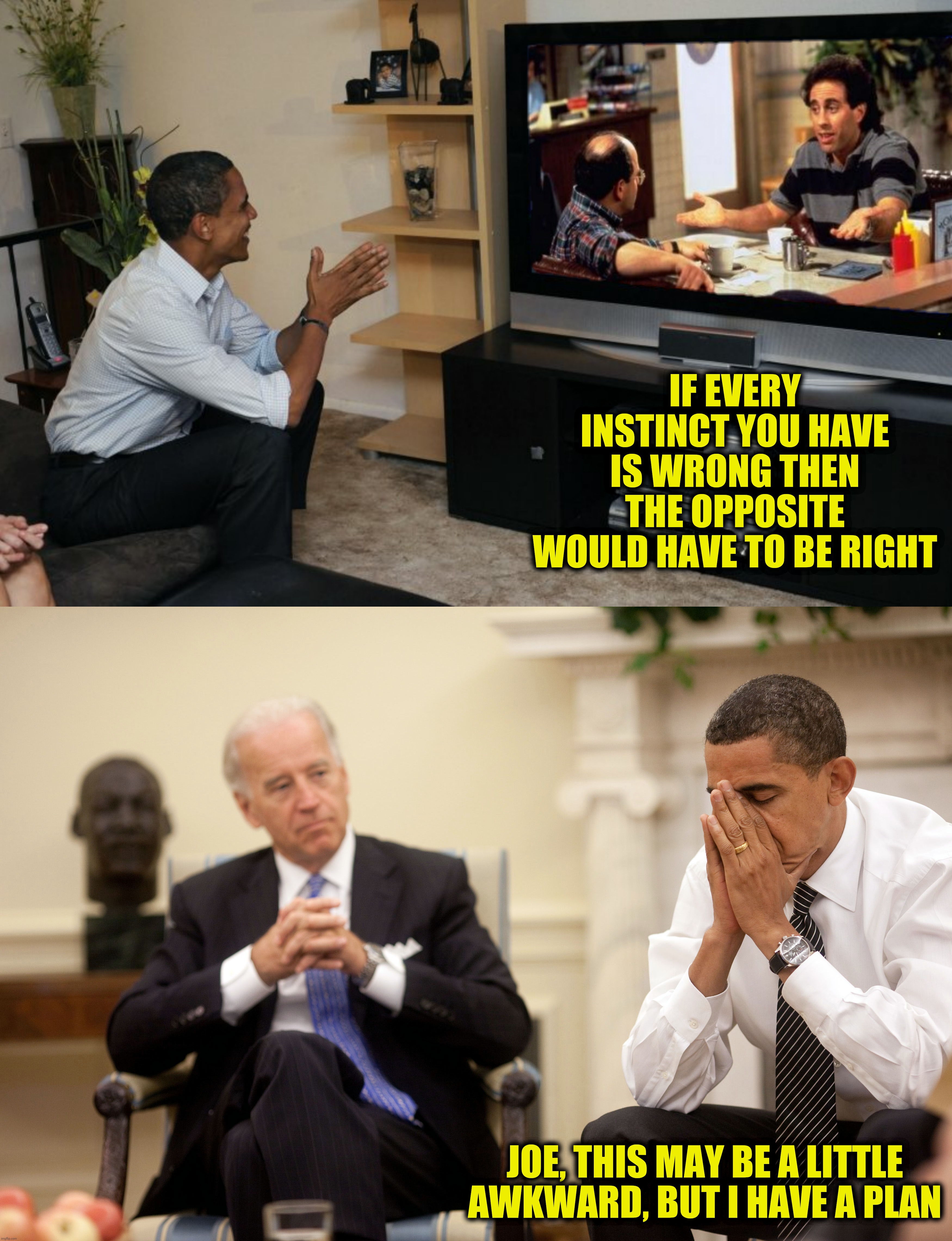 Are you ready for "The Summer Of Joe"?  (Submission suggested by TodaysReality) | IF EVERY INSTINCT YOU HAVE IS WRONG THEN THE OPPOSITE WOULD HAVE TO BE RIGHT; JOE, THIS MAY BE A LITTLE AWKWARD, BUT I HAVE A PLAN | image tagged in bad photoshop,seinfeld,joe biden,barack obama | made w/ Imgflip meme maker
