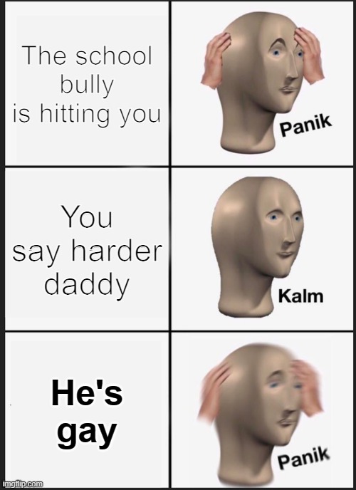 Panik Kalm Panik Meme | The school bully is hitting you; You say harder daddy; He's gay | image tagged in memes,panik kalm panik | made w/ Imgflip meme maker