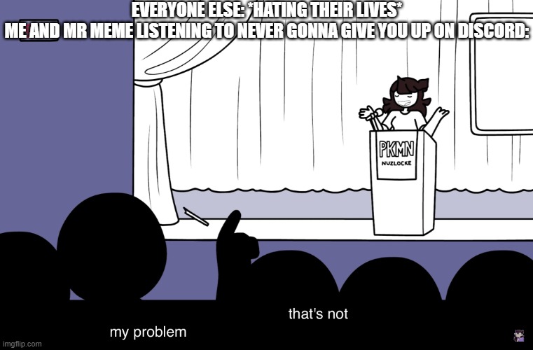 EVERYONE ELSE: *HATING THEIR LIVES*
ME AND MR MEME LISTENING TO NEVER GONNA GIVE YOU UP ON DISCORD: | image tagged in jaiden animations not my problem | made w/ Imgflip meme maker
