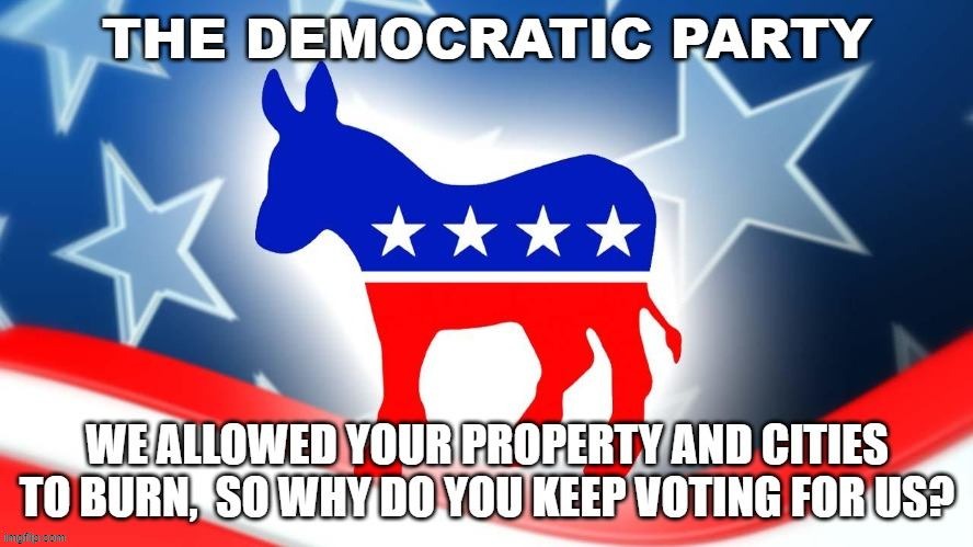 The Democratic Party fanned the BLM and Antifa riots and allowed cities to burn. Stop voting Democrat. | image tagged in politics,american politics,democratic party,democrats,blm,antifa | made w/ Imgflip meme maker