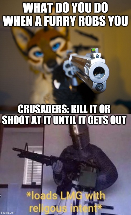 This is a joke, ok | WHAT DO YOU DO WHEN A FURRY ROBS YOU; CRUSADERS: KILL IT OR SHOOT AT IT UNTIL IT GETS OUT | image tagged in furry with gun,loads lmg with religious intent,joke,its a joke | made w/ Imgflip meme maker