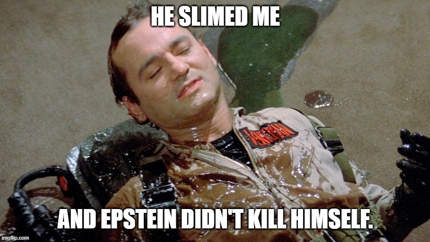 Dr. Venkman in 'Ghostbusters' - "He slimed me and Epstein didn't kill himself." | image tagged in memes,funny memes,political meme,jeffrey epstein,political humor,ghostbusters | made w/ Imgflip meme maker