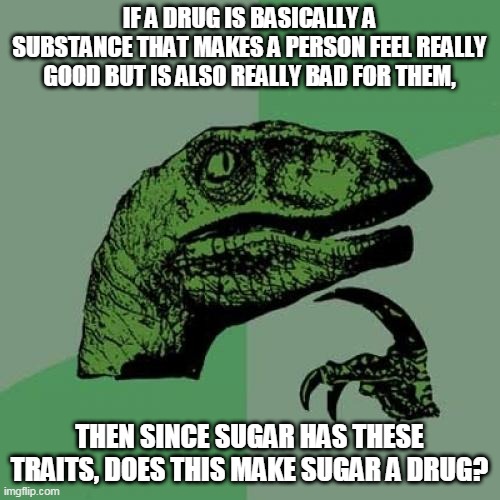 Philosoraptor | IF A DRUG IS BASICALLY A SUBSTANCE THAT MAKES A PERSON FEEL REALLY GOOD BUT IS ALSO REALLY BAD FOR THEM, THEN SINCE SUGAR HAS THESE TRAITS, DOES THIS MAKE SUGAR A DRUG? | image tagged in memes,philosoraptor | made w/ Imgflip meme maker