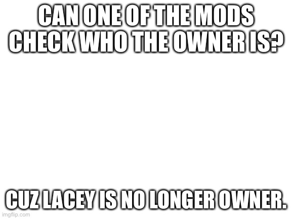 Blank White Template | CAN ONE OF THE MODS CHECK WHO THE OWNER IS? CUZ LACEY IS NO LONGER OWNER. | image tagged in blank white template | made w/ Imgflip meme maker