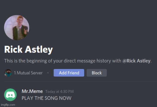 Conversation between me and the rick astley bot on blue wolf's server | image tagged in rickroll | made w/ Imgflip meme maker