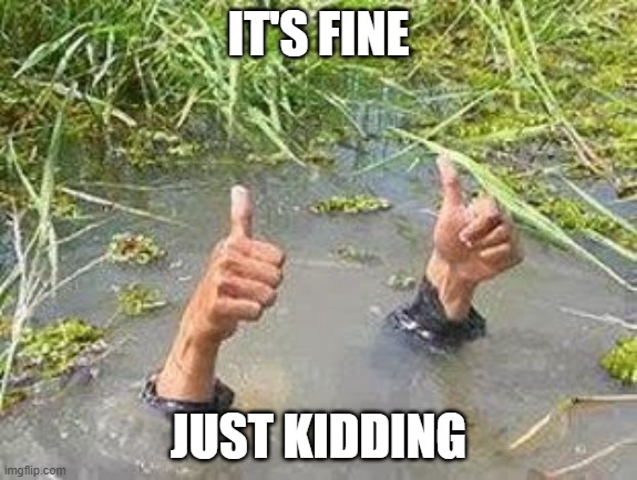 FLOODING THUMBS UP | IT'S FINE JUST KIDDING | image tagged in flooding thumbs up | made w/ Imgflip meme maker