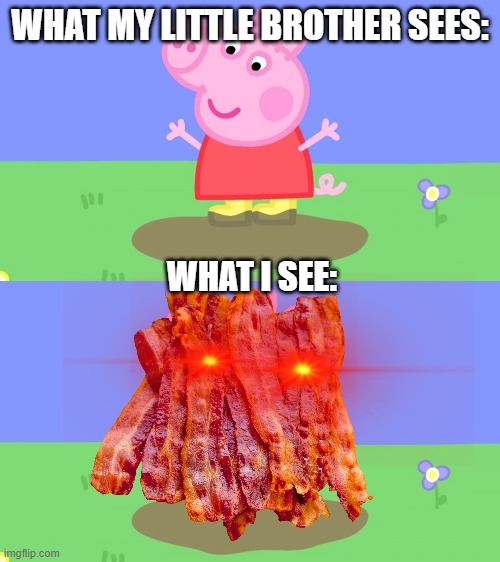 What my little brother sees vs what I see | WHAT MY LITTLE BROTHER SEES:; WHAT I SEE: | image tagged in peppa pig,bacon | made w/ Imgflip meme maker