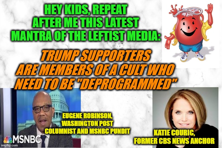 Programmed Leftists Want to Deprogram Trump "Cultists" | HEY KIDS, REPEAT AFTER ME THIS LATEST MANTRA OF THE LEFTIST MEDIA:; TRUMP SUPPORTERS ARE MEMBERS OF A CULT WHO NEED TO BE "DEPROGRAMMED"; EUGENE ROBINSON, WASHINGTON POST COLUMNIST AND MSNBC PUNDIT; KATIE COURIC, FORMER CBS NEWS ANCHOR | image tagged in mainstream media,eugene robinson,katie couric,trump cult | made w/ Imgflip meme maker