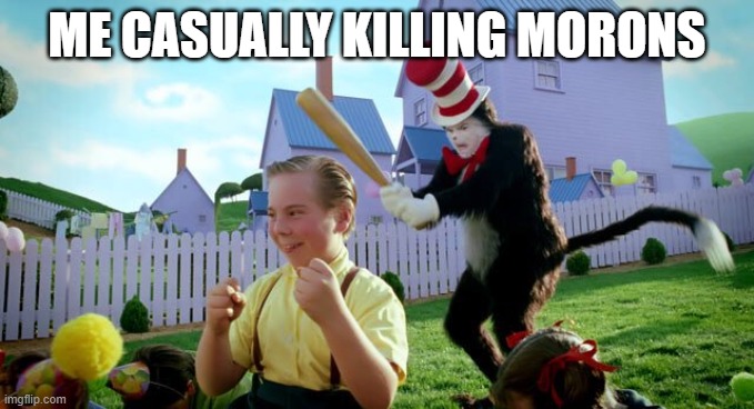 Cat & The Hat | ME CASUALLY KILLING MORONS | image tagged in cat the hat | made w/ Imgflip meme maker