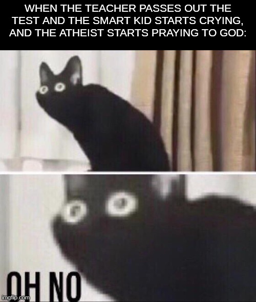 oh, this ain't good. | WHEN THE TEACHER PASSES OUT THE TEST AND THE SMART KID STARTS CRYING, AND THE ATHEIST STARTS PRAYING TO GOD: | image tagged in oh no cat,memes,funny | made w/ Imgflip meme maker