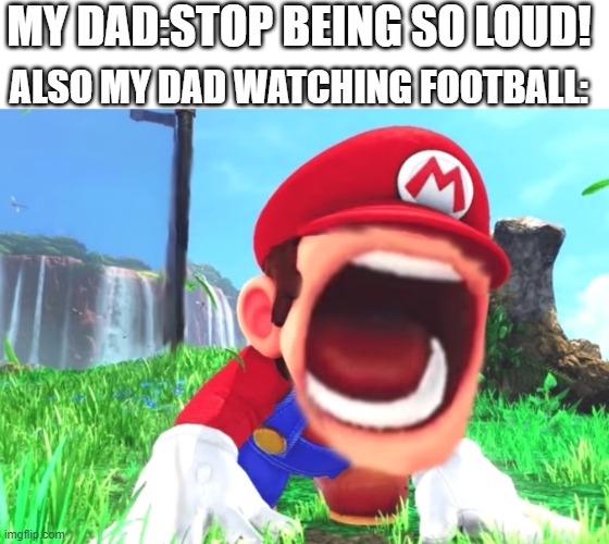 Mario screaming | ALSO MY DAD WATCHING FOOTBALL:; MY DAD:STOP BEING SO LOUD! | image tagged in mario screaming,football,american dad | made w/ Imgflip meme maker