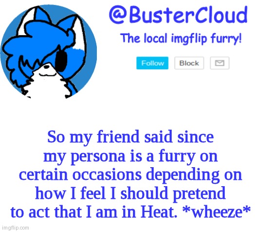 They go really into character when we will roleplay. | So my friend said since my persona is a furry on certain occasions depending on how I feel I should pretend to act that I am in Heat. *wheeze* | image tagged in cloud announcement | made w/ Imgflip meme maker