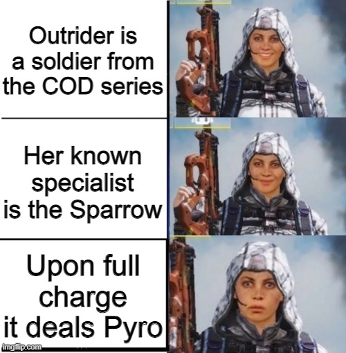 Wonder who can get the other reference | Outrider is a soldier from the COD series; Her known specialist is the Sparrow; Upon full charge it deals Pyro | image tagged in outrider's reaction,codm | made w/ Imgflip meme maker