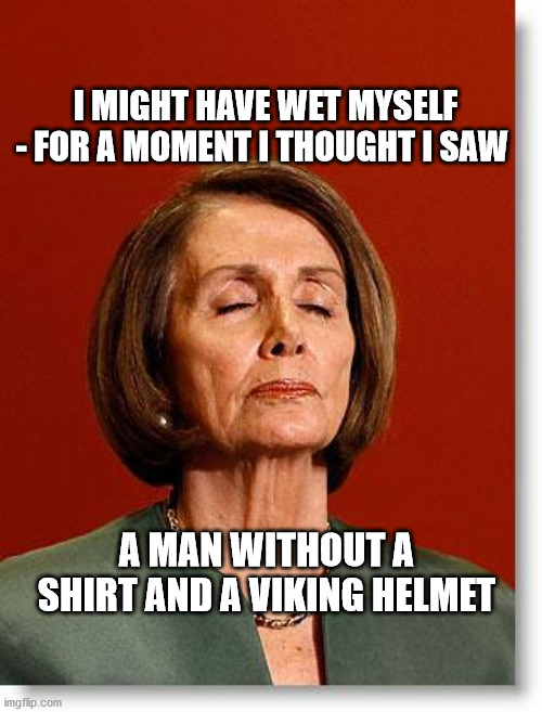 Blind Pelosi | I MIGHT HAVE WET MYSELF - FOR A MOMENT I THOUGHT I SAW; A MAN WITHOUT A SHIRT AND A VIKING HELMET | image tagged in blind pelosi | made w/ Imgflip meme maker