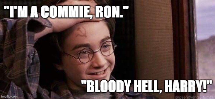 Political humour - Harry Potter, "I'm a Commie, Ron." Ron, "Bloody Hell, Harry!" | "I'M A COMMIE, RON."; "BLOODY HELL, HARRY!" | image tagged in political humor,humor,harry potter,ron weasley,commie,communism | made w/ Imgflip meme maker