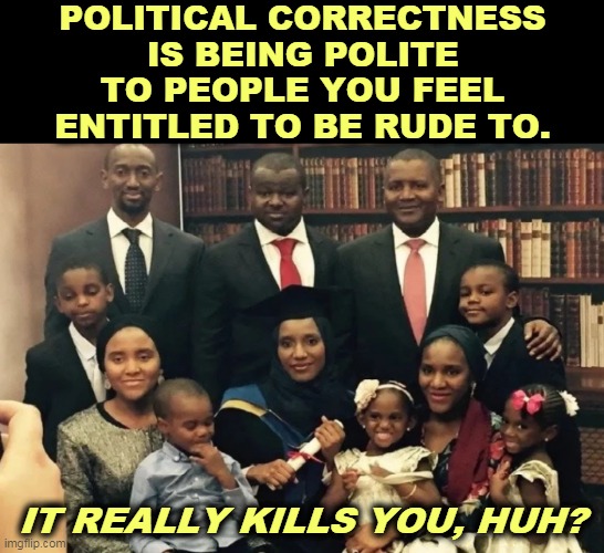 New rules. Yes, you have to be polite. | POLITICAL CORRECTNESS IS BEING POLITE TO PEOPLE YOU FEEL ENTITLED TO BE RUDE TO. IT REALLY KILLS YOU, HUH? | image tagged in political correctness,polite,everybody,rude,never | made w/ Imgflip meme maker