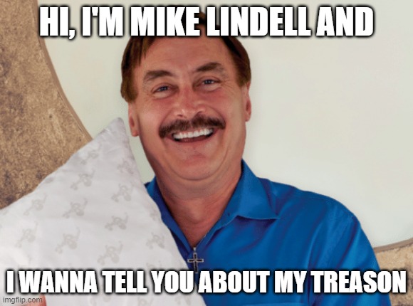Lindell | HI, I'M MIKE LINDELL AND; I WANNA TELL YOU ABOUT MY TREASON | image tagged in pillow | made w/ Imgflip meme maker