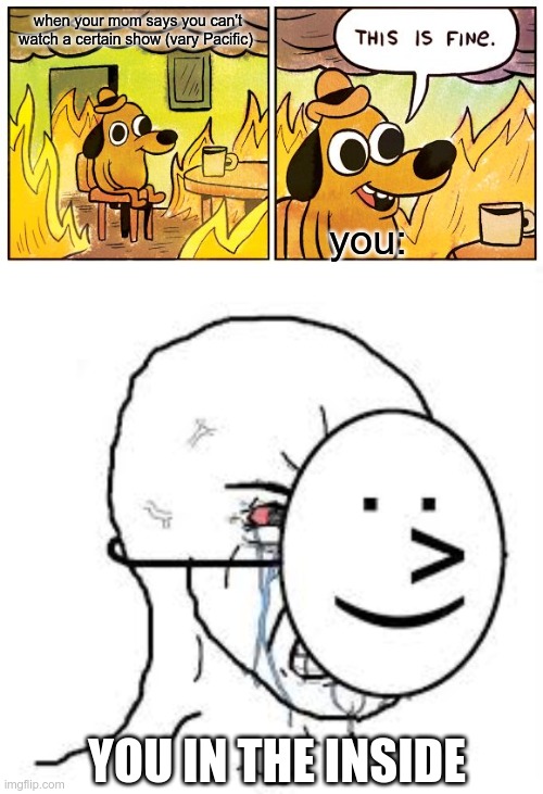 when your mom says you can't watch a certain show (vary Pacific); you:; YOU IN THE INSIDE | image tagged in memes,this is fine | made w/ Imgflip meme maker