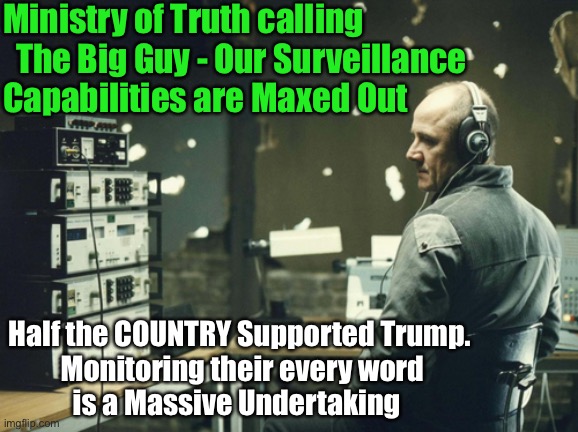 Miss-Information (Psaki) ADMITTED They SPY ON US - How Long Has This Been Going On?! | Ministry of Truth calling   The Big Guy - Our Surveillance Capabilities are Maxed Out; Half the COUNTRY Supported Trump.
  Monitoring their every word 
is a Massive Undertaking | image tagged in german surveillance guy,big brother is watching reading listening,dems hate america,what constitution,dem politicians are evil | made w/ Imgflip meme maker