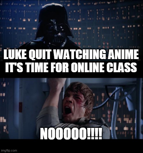 Online classes be like... X_X | LUKE QUIT WATCHING ANIME IT'S TIME FOR ONLINE CLASS; NOOOOO!!!! | image tagged in memes,star wars no | made w/ Imgflip meme maker