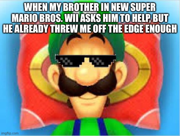 Luigi Does Not Care | WHEN MY BROTHER IN NEW SUPER MARIO BROS. WII ASKS HIM TO HELP, BUT HE ALREADY THREW ME OFF THE EDGE ENOUGH | image tagged in luigi does not care,mario bros | made w/ Imgflip meme maker