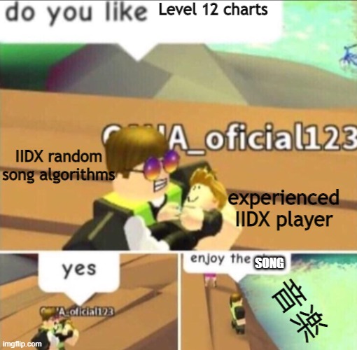 The pain of IIDX players | Level 12 charts; IIDX random song algorithms; experienced IIDX player; SONG; 音楽 | image tagged in enjoy the river,beatmania iidx | made w/ Imgflip meme maker