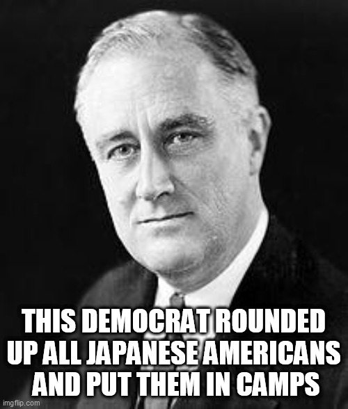 Franklin D. Roosevelt | THIS DEMOCRAT ROUNDED UP ALL JAPANESE AMERICANS
 AND PUT THEM IN CAMPS | image tagged in franklin d roosevelt | made w/ Imgflip meme maker