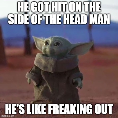 Baby Yoda | HE GOT HIT ON THE SIDE OF THE HEAD MAN; HE'S LIKE FREAKING OUT | image tagged in baby yoda,donaldglover | made w/ Imgflip meme maker