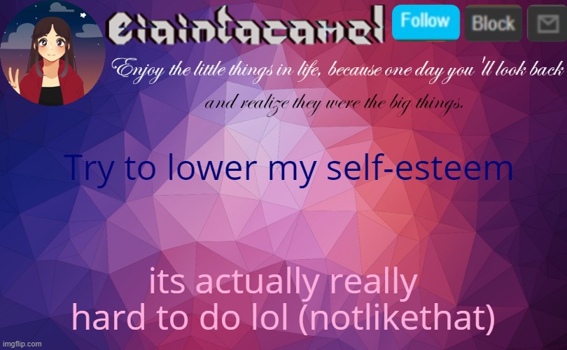 do anything you want XD it probably wont work | Try to lower my self-esteem; its actually really hard to do lol (notlikethat) | image tagged in iaintacamel | made w/ Imgflip meme maker