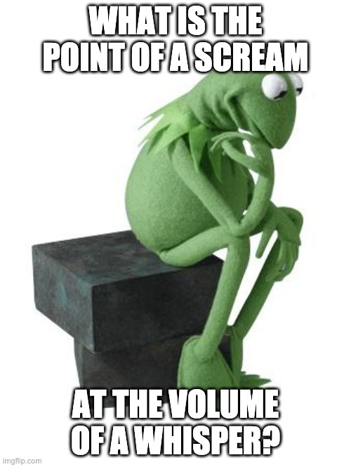 Philosophy Kermit |  WHAT IS THE POINT OF A SCREAM; AT THE VOLUME OF A WHISPER? | image tagged in philosophy kermit | made w/ Imgflip meme maker
